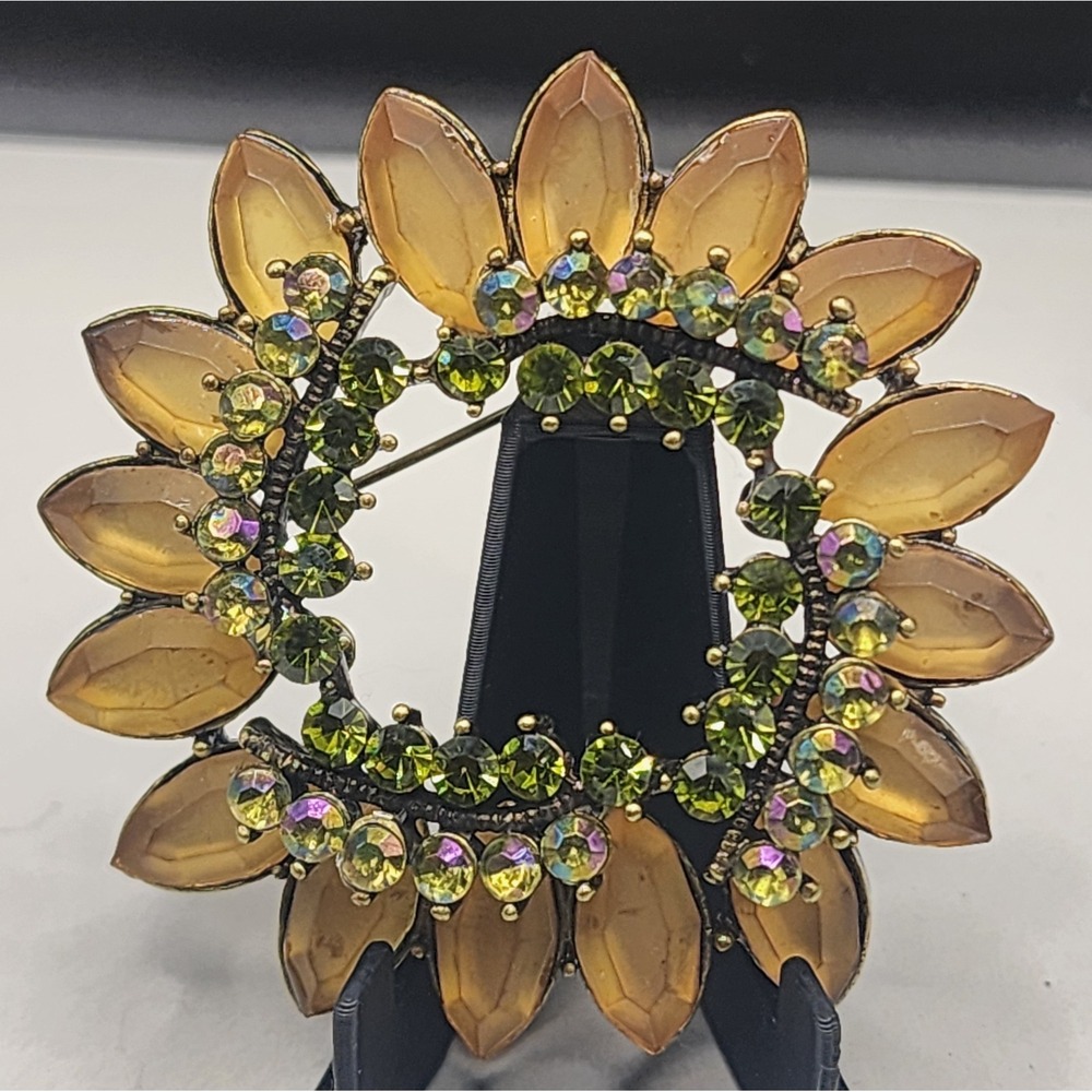 Vintage Sunflower Wreath Brooch Amber Green Rhinestone Gold Tone Heavy